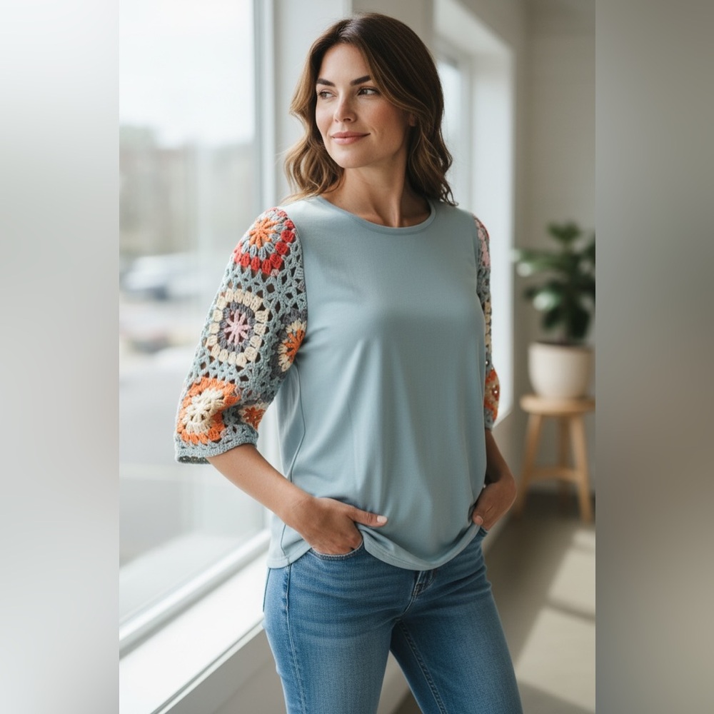 Amazon Women's Blue Blouse with Crochet Sleeves ptp 21-22 - Picture 1 of 4